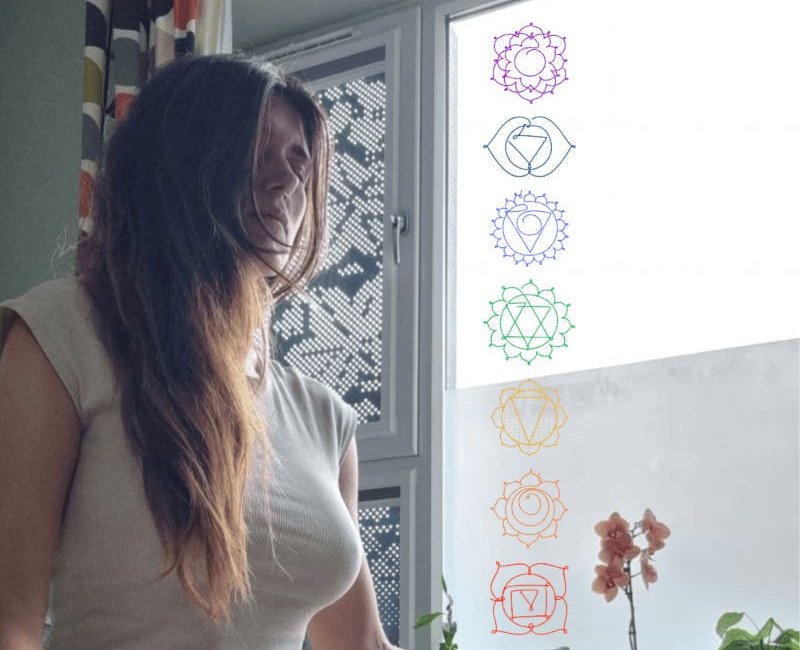 Cristina meditando y los símbolos de los chakras